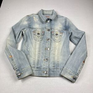 True Religion Womens Trucker Denim Jacket Blue Distressed Button Down Pockets XS